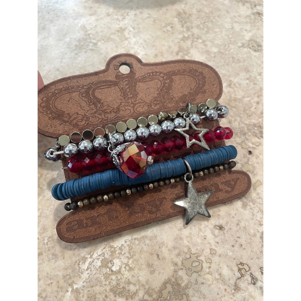 Art by Amy Patriotic Star Beaded Bracelet Stack Red White Blue 5 Piece Set New